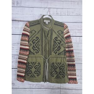 Flying Tomato Boho Aztec Cardigan Jacket Small Tie Wasit Knit Fair Isle Sleeves